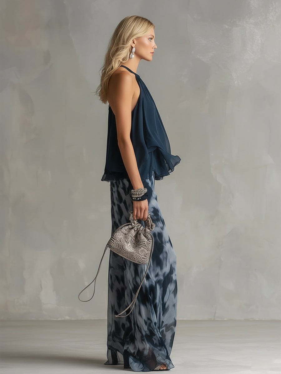 Zweiteiliges Damen-Set mit Neckholder-Rüschenbluse und Hose mit weitem Bein