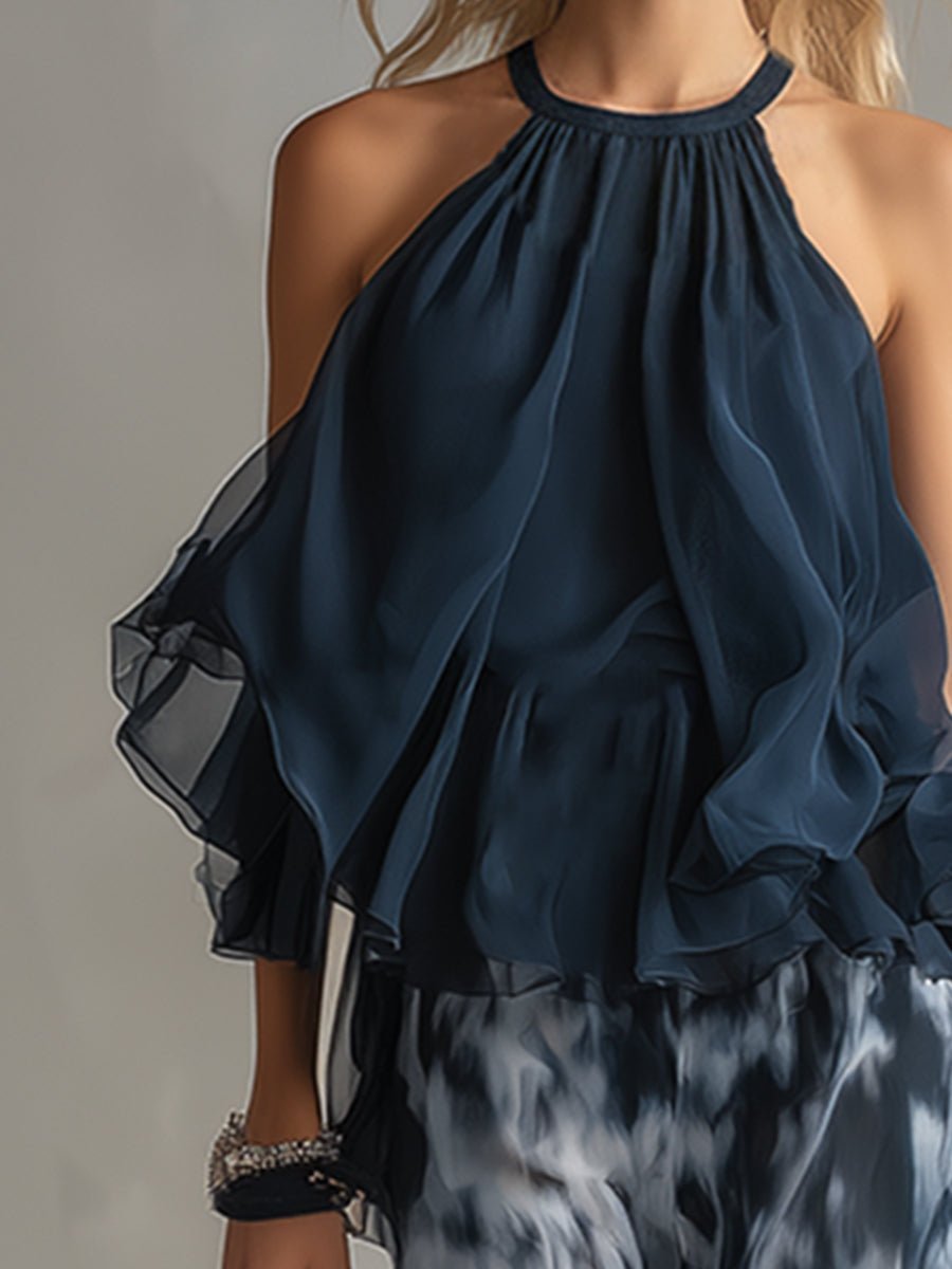 Zweiteiliges Damen-Set mit Neckholder-Rüschenbluse und Hose mit weitem Bein
