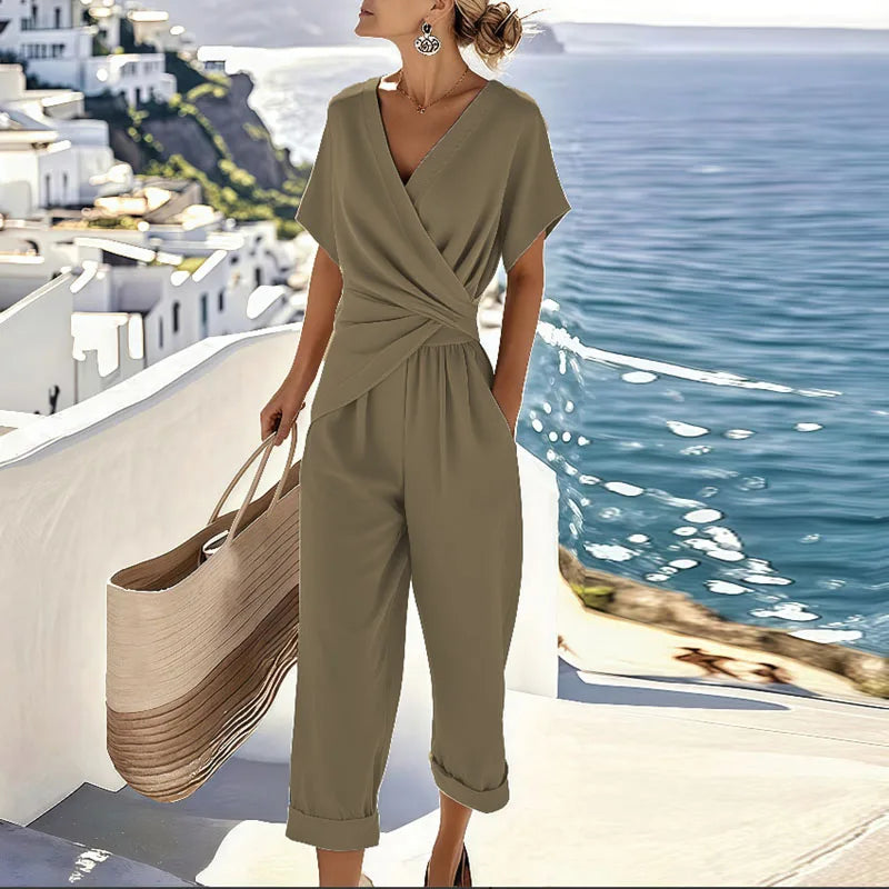Damen zweiteiliges Jumpsuit-Set mit V-Ausschnitt
