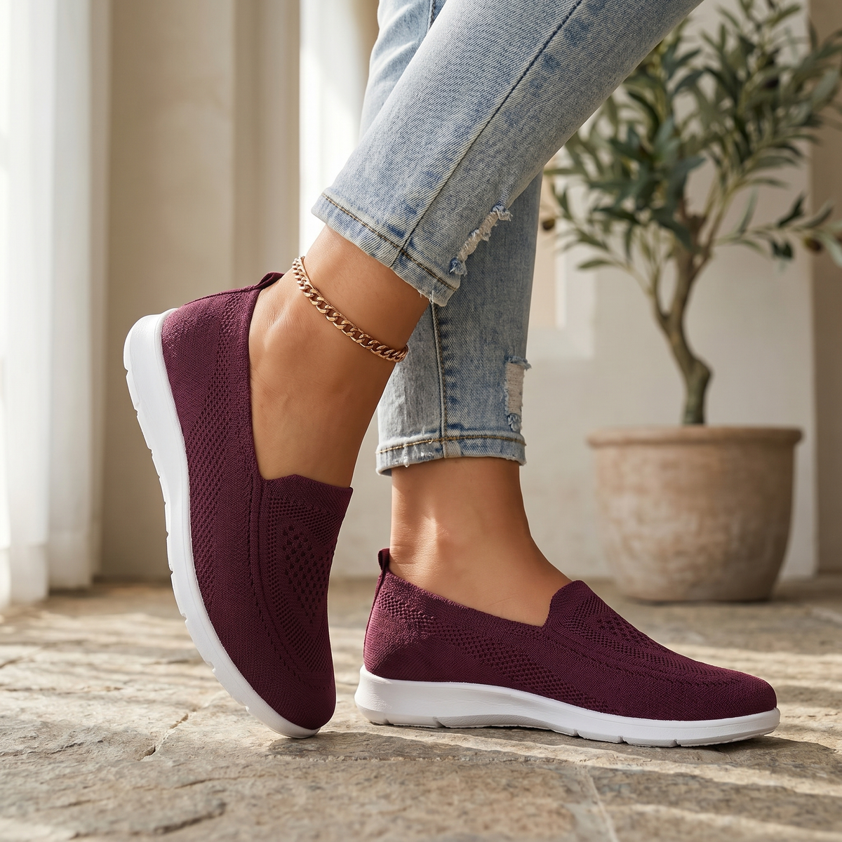 Damen Strick-Slip-on-Sportschuhe | Atmungsaktive und gepolsterte Walkingschuhe