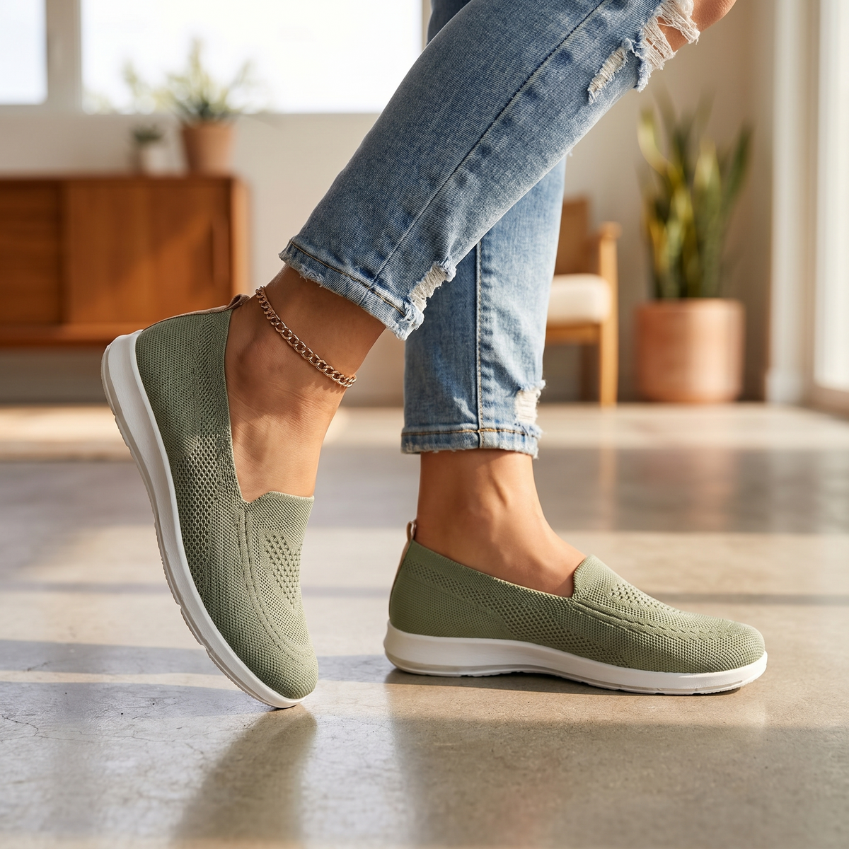 Damen Strick-Slip-on-Sportschuhe | Atmungsaktive und gepolsterte Walkingschuhe