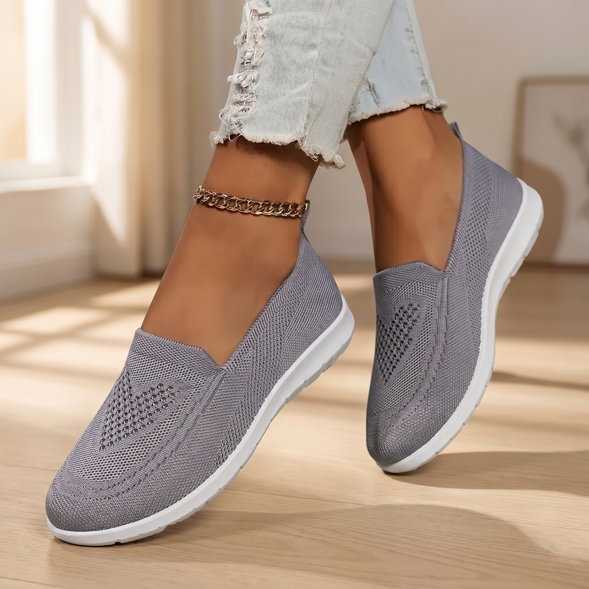 Damen Strick-Slip-on-Sportschuhe | Atmungsaktive und gepolsterte Walkingschuhe