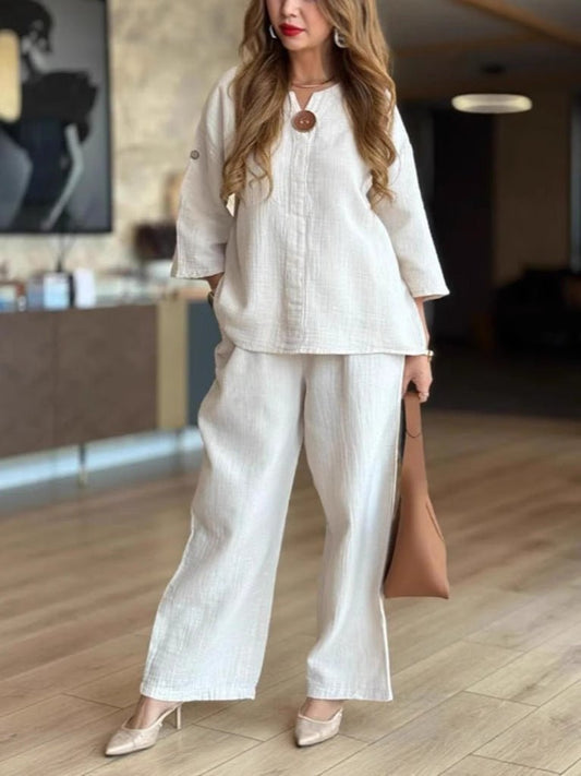 Lässiges Damen-Set in Leinenoptik mit 3/4-Arm-Tunika und Hose mit weitem Bein