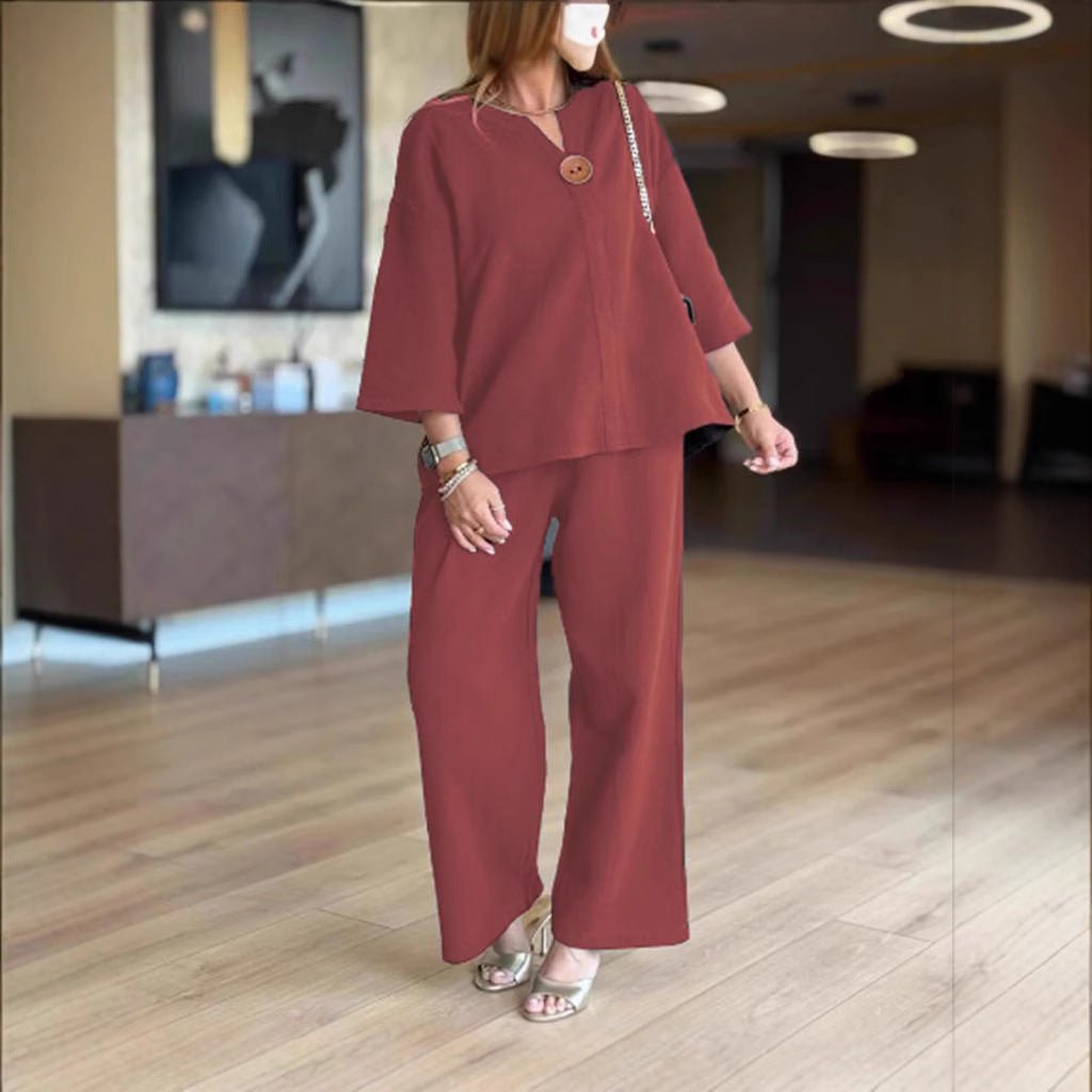 Lässiges Damen-Set in Leinenoptik mit 3/4-Arm-Tunika und Hose mit weitem Bein