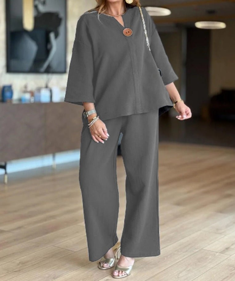 Lässiges Damen-Set in Leinenoptik mit 3/4-Arm-Tunika und Hose mit weitem Bein