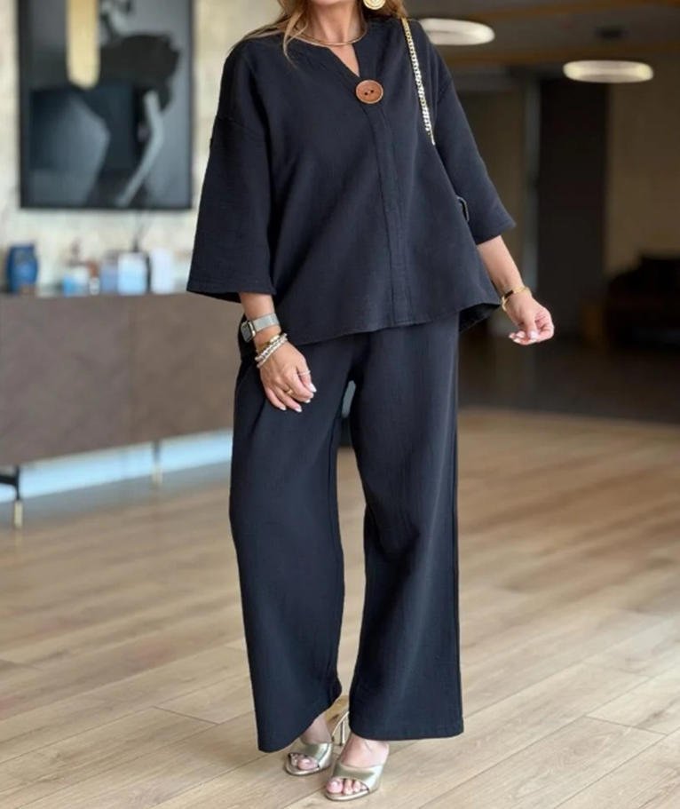 Lässiges Damen-Set in Leinenoptik mit 3/4-Arm-Tunika und Hose mit weitem Bein
