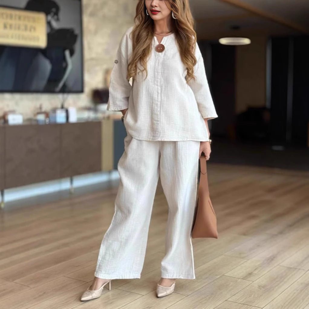 Lässiges Damen-Set in Leinenoptik mit 3/4-Arm-Tunika und Hose mit weitem Bein