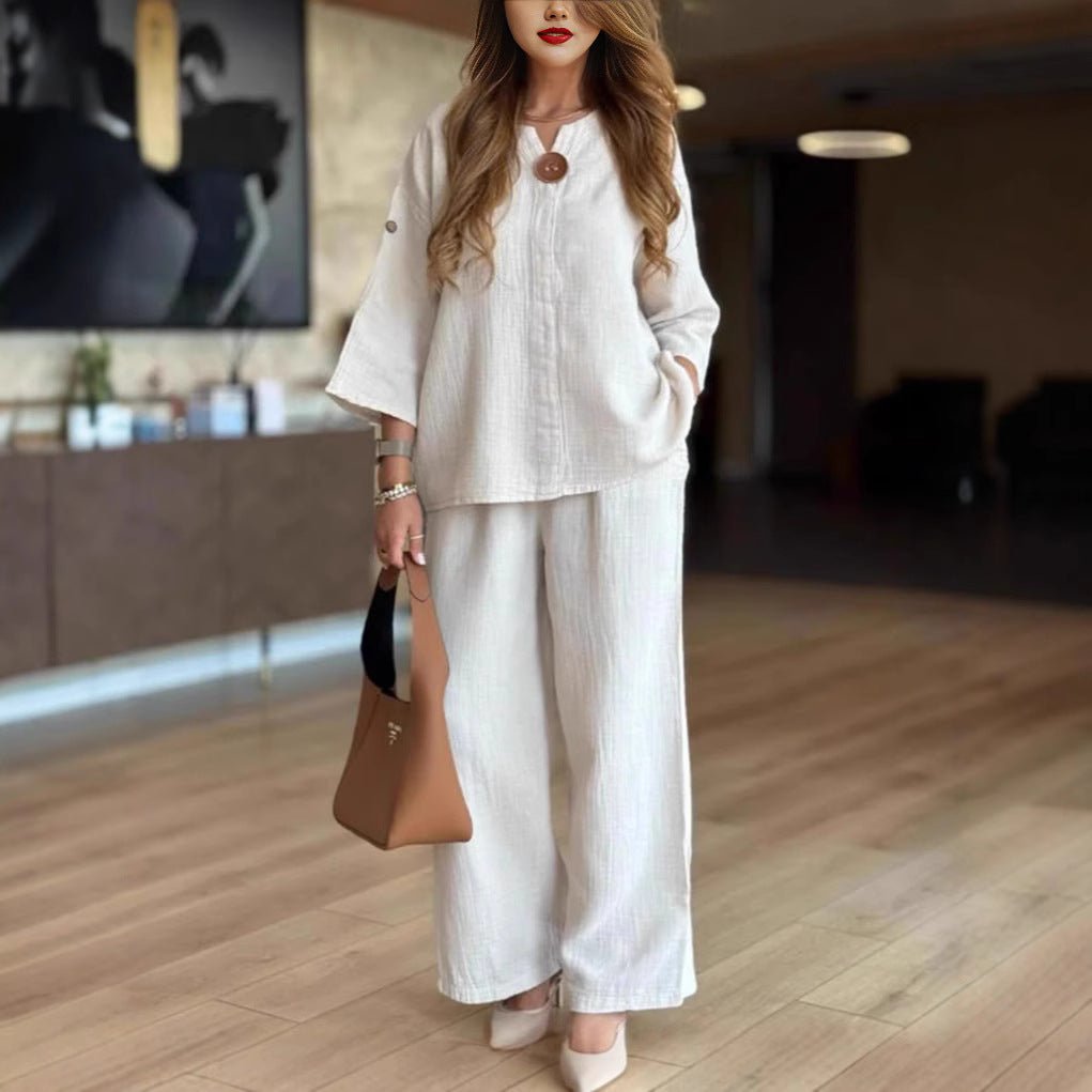Lässiges Damen-Set in Leinenoptik mit 3/4-Arm-Tunika und Hose mit weitem Bein