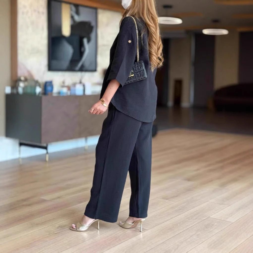 Lässiges Damen-Set in Leinenoptik mit 3/4-Arm-Tunika und Hose mit weitem Bein