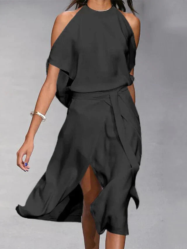 Damen Midikleid mit schulterfreiem Schnitt und Wickeloptik