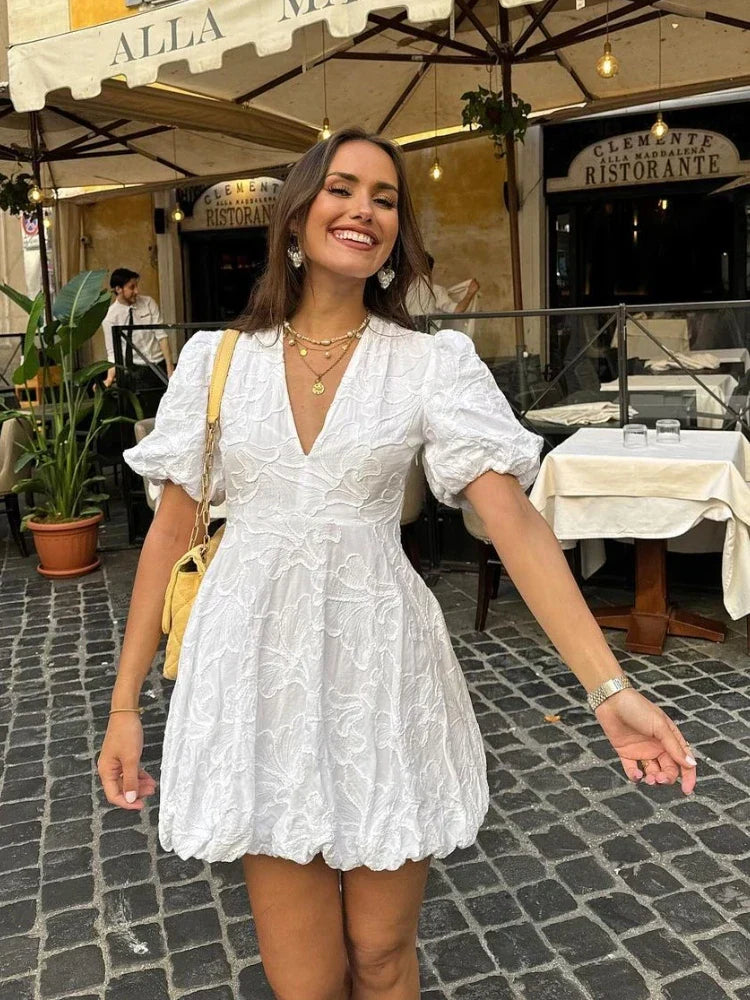 Damen Sommer-Minikleid mit V-Ausschnitt und Puffärmeln