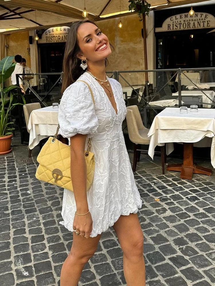 Damen Sommer-Minikleid mit V-Ausschnitt und Puffärmeln