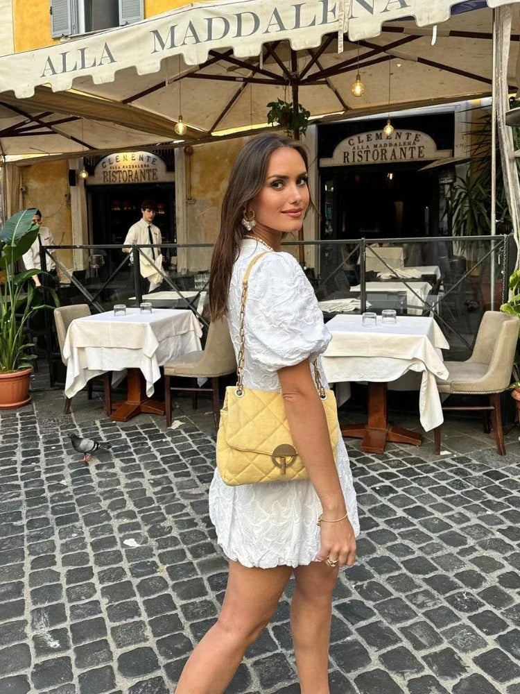 Damen Sommer-Minikleid mit V-Ausschnitt und Puffärmeln