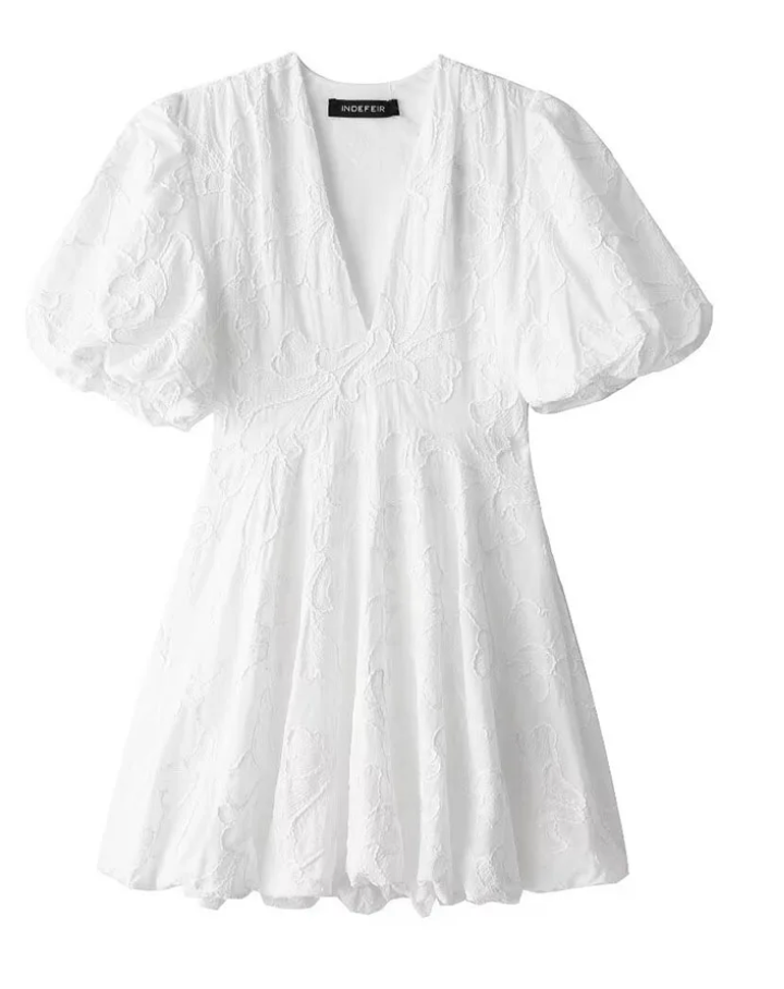 Damen Sommer-Minikleid mit V-Ausschnitt und Puffärmeln