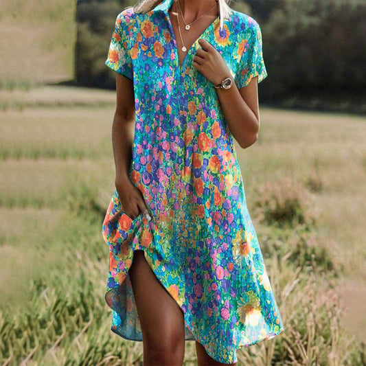 Damen Sommerkleid | Kurzärmeliges Midikleid mit V-Ausschnitt