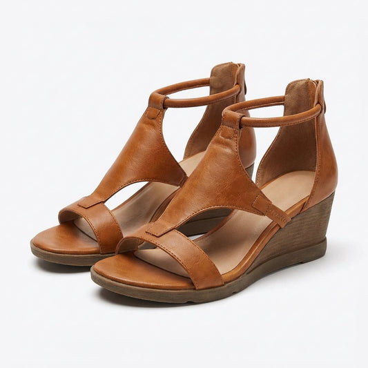 Damen Keilsandalen mit offener Spitze, T-Riemen und Knöchelriemchen