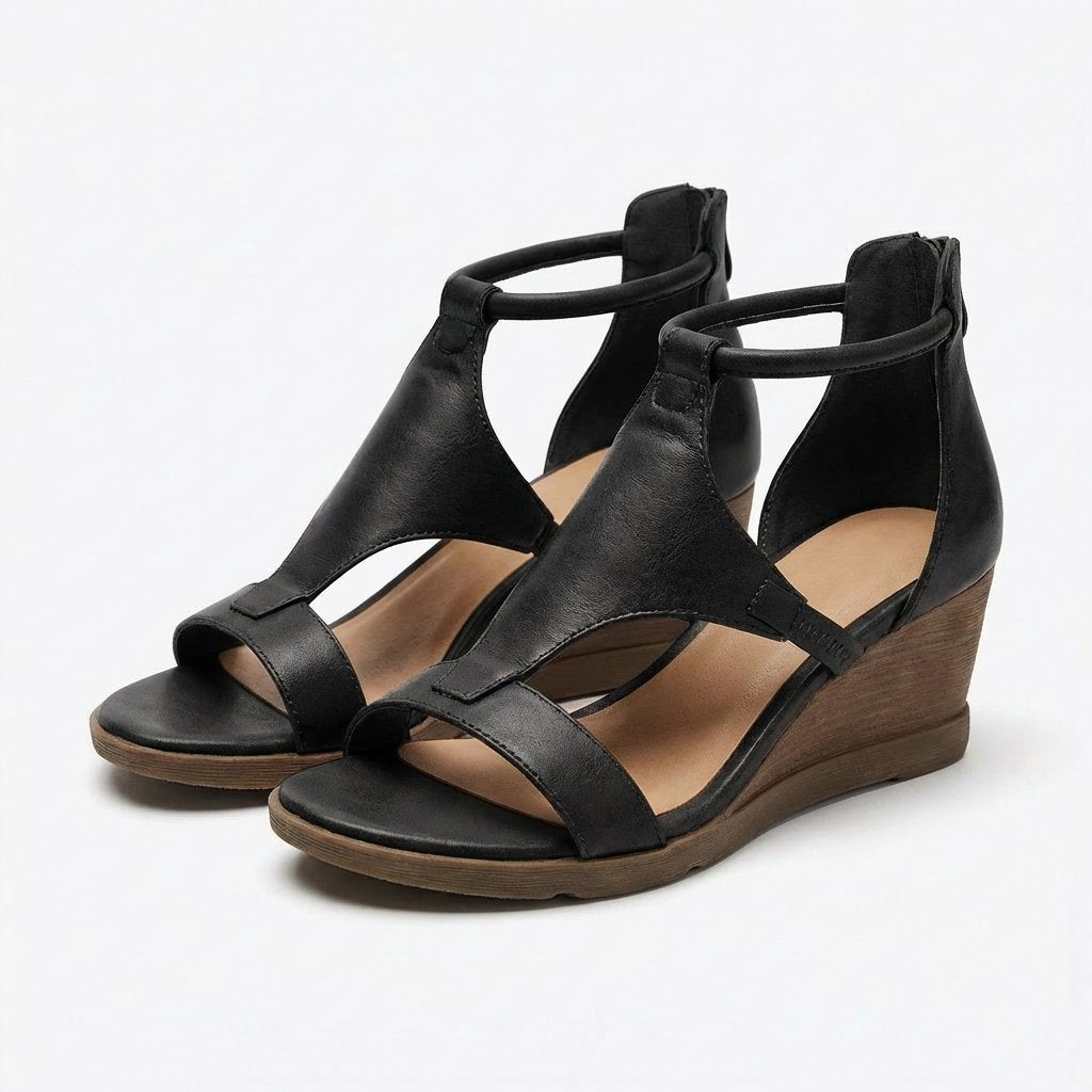 Damen Keilsandalen mit offener Spitze, T-Riemen und Knöchelriemchen