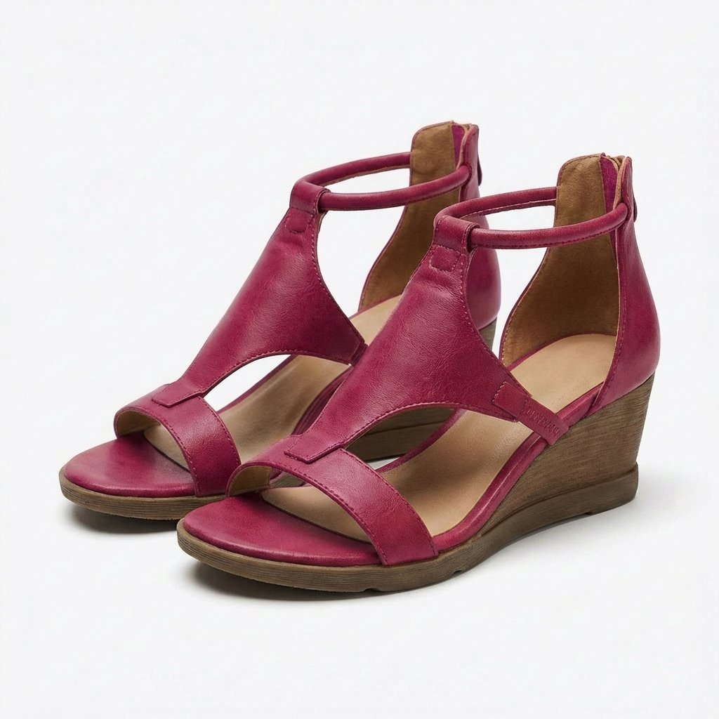 Damen Keilsandalen mit offener Spitze, T-Riemen und Knöchelriemchen