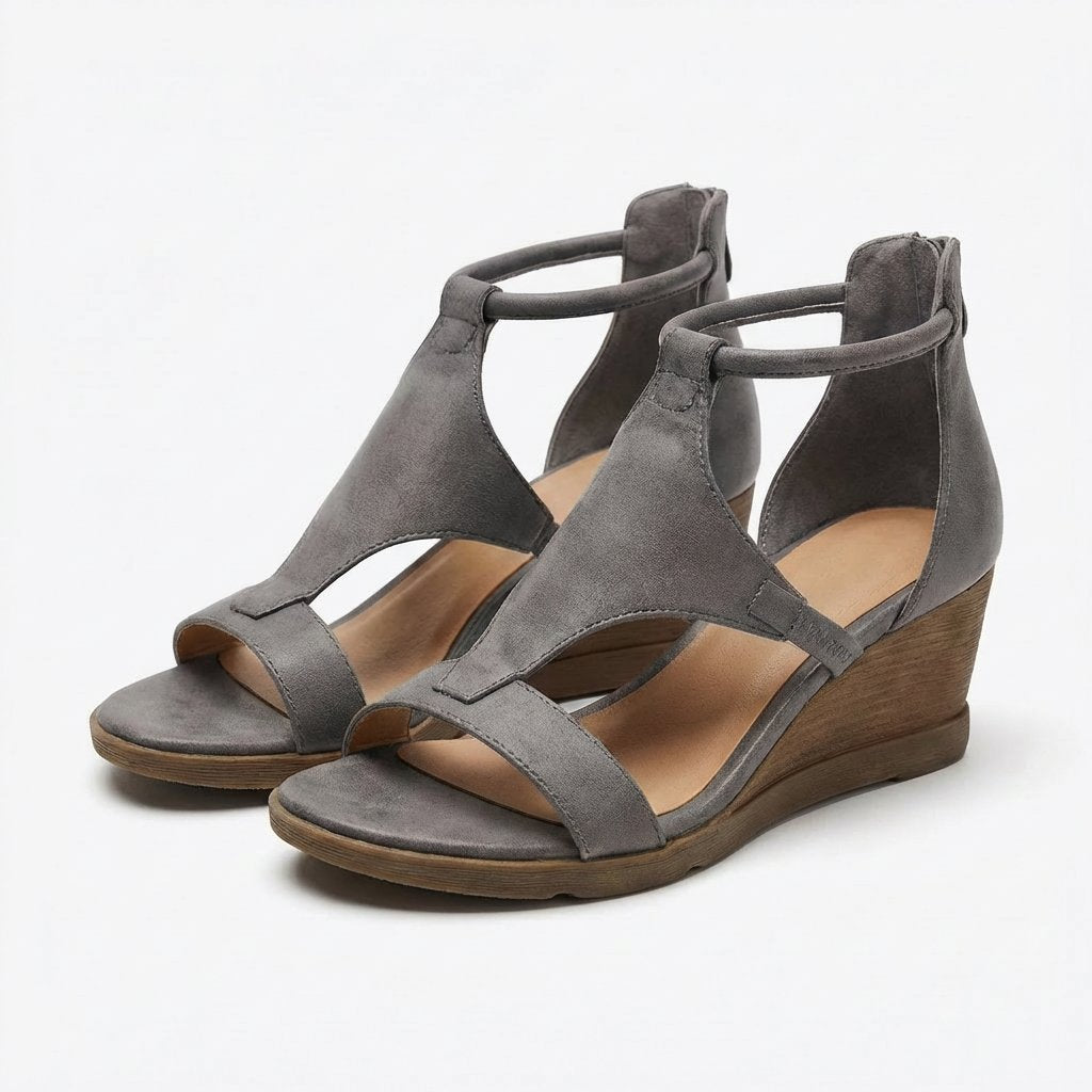 Damen Keilsandalen mit offener Spitze, T-Riemen und Knöchelriemchen