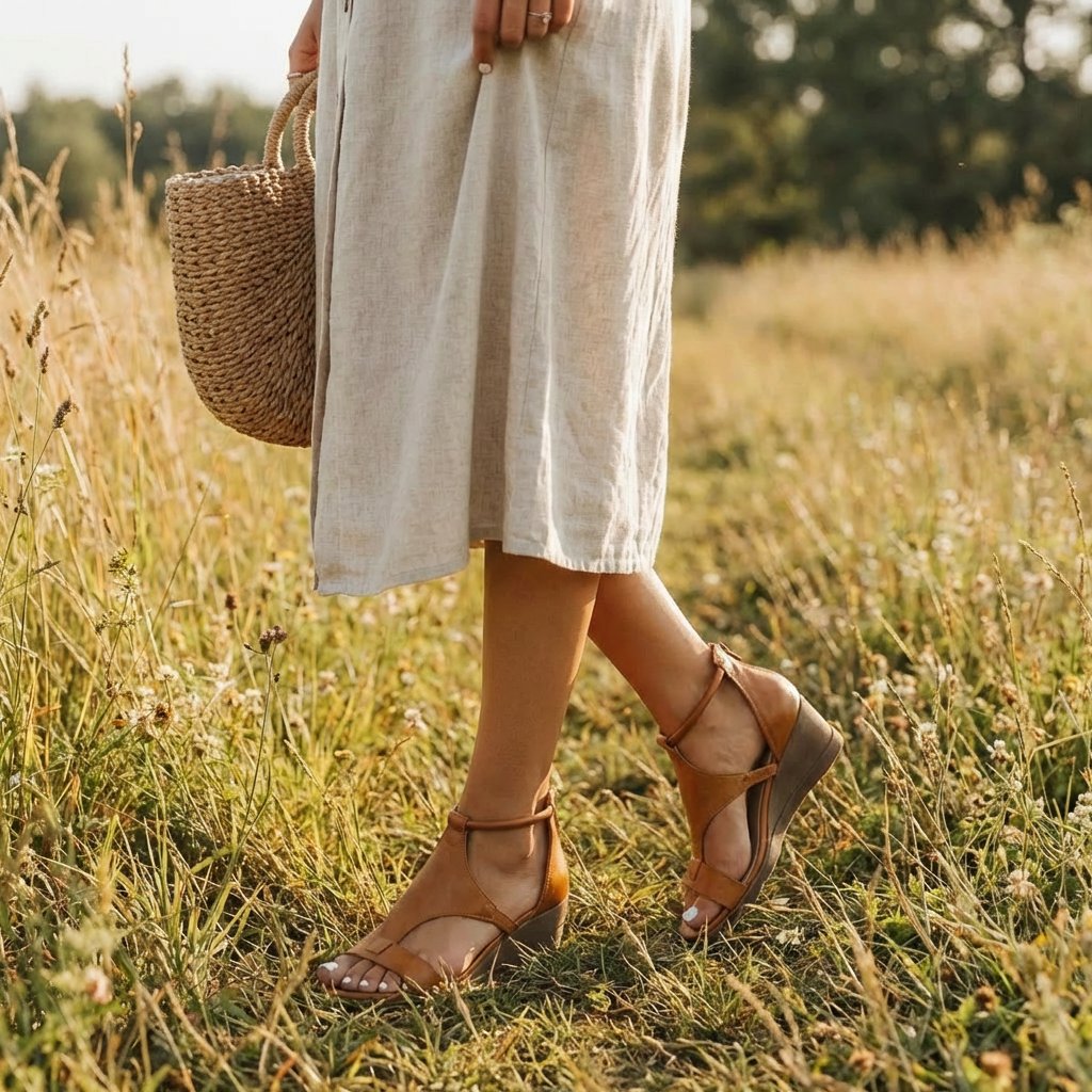 Damen Keilsandalen mit offener Spitze, T-Riemen und Knöchelriemchen