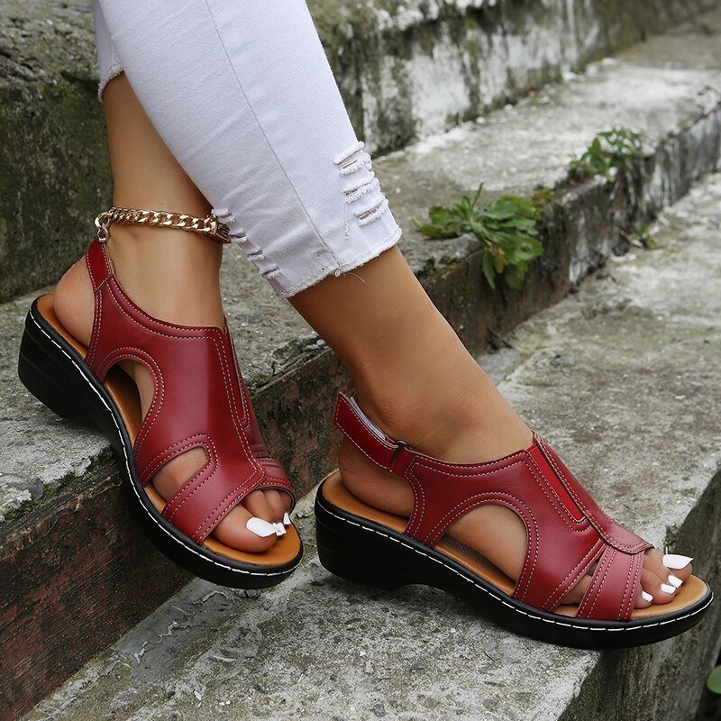 Orthopädische Damen-Keilsandalen mit Fussgewölbestütze und Fersenriemen