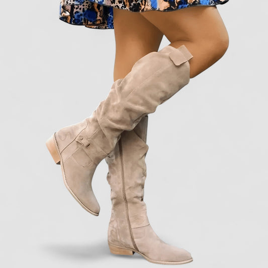 Orthopädische Damen-Kniestiefel aus Wildleder mit gerafftem Schaft