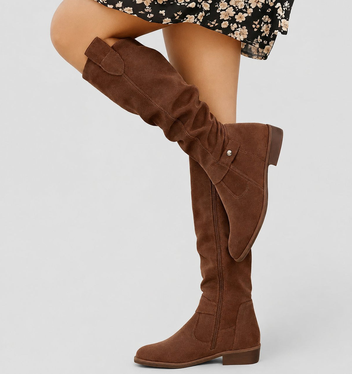 Orthopädische Damen-Kniestiefel aus Wildleder mit gerafftem Schaft