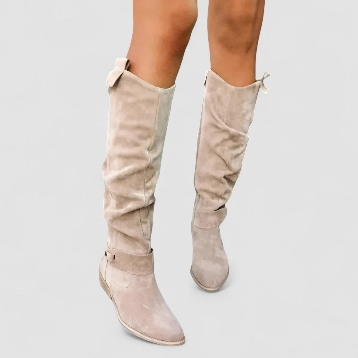 Orthopädische Damen-Kniestiefel aus Wildleder mit gerafftem Schaft