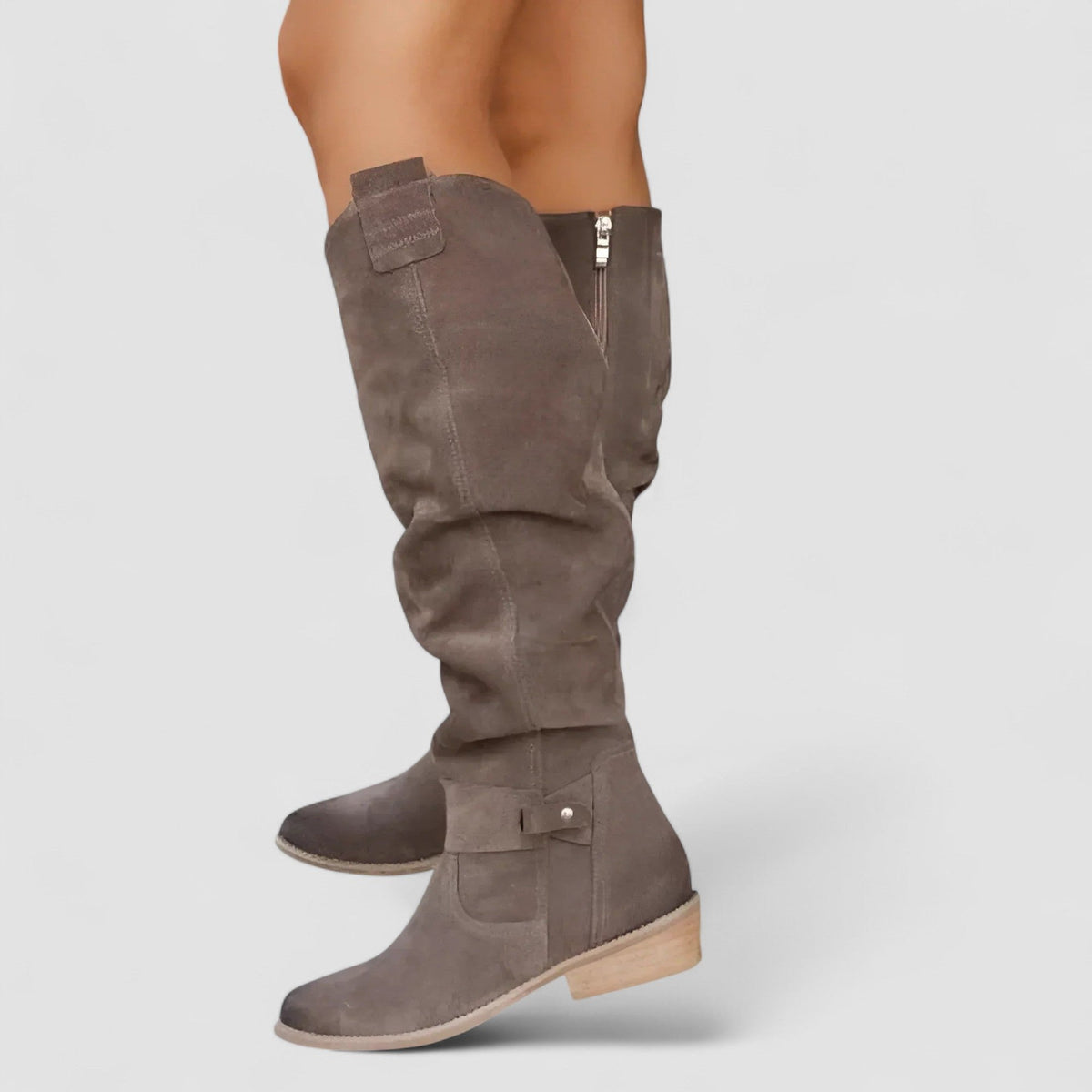 Orthopädische Damen-Kniestiefel aus Wildleder mit gerafftem Schaft