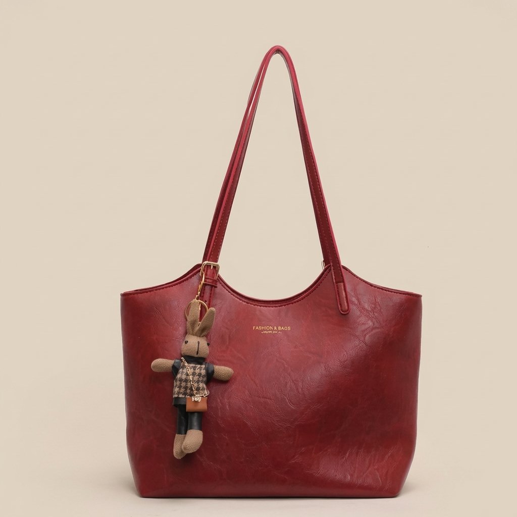 Weiche Damen-Schultertasche aus veganem Leder mit Plüschhasen-Taschenanhänger