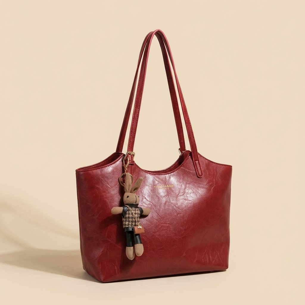 Weiche Damen-Schultertasche aus veganem Leder mit Plüschhasen-Taschenanhänger