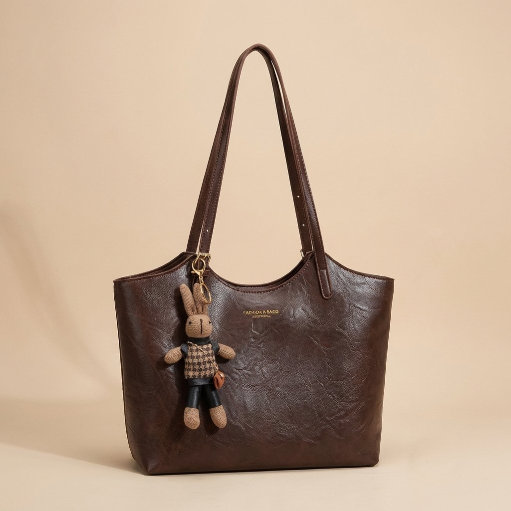 Weiche Damen-Schultertasche aus veganem Leder mit Plüschhasen-Taschenanhänger