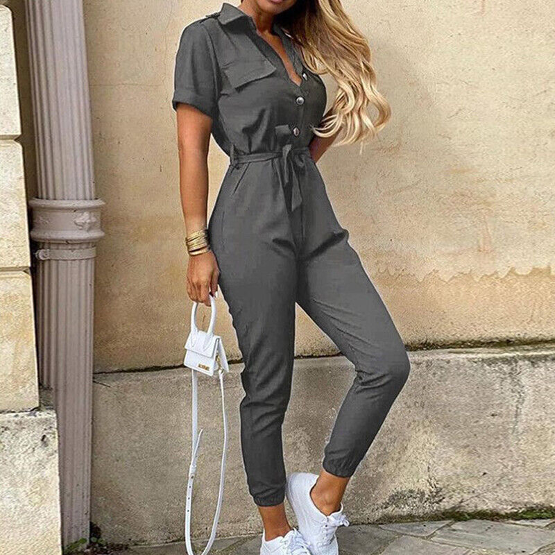 Damen-Kurzarm-Jumpsuit mit Gürtel