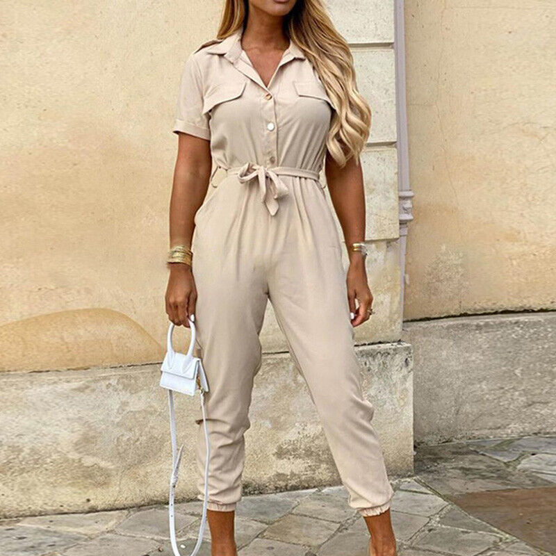 Damen-Kurzarm-Jumpsuit mit Gürtel