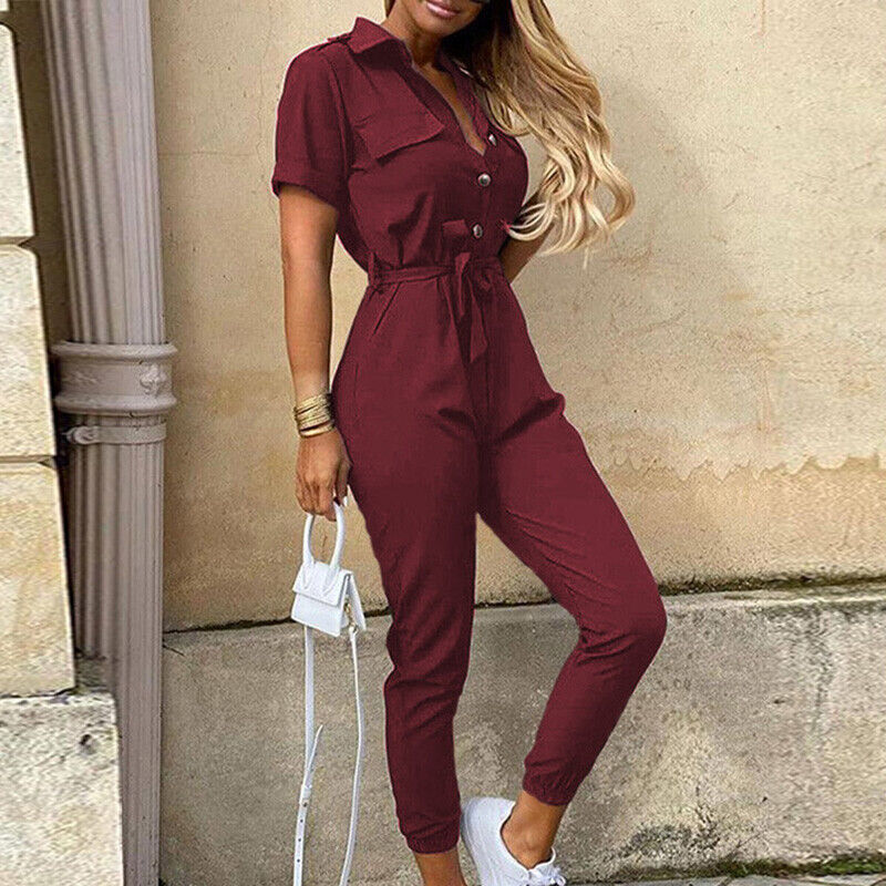 Damen-Kurzarm-Jumpsuit mit Gürtel