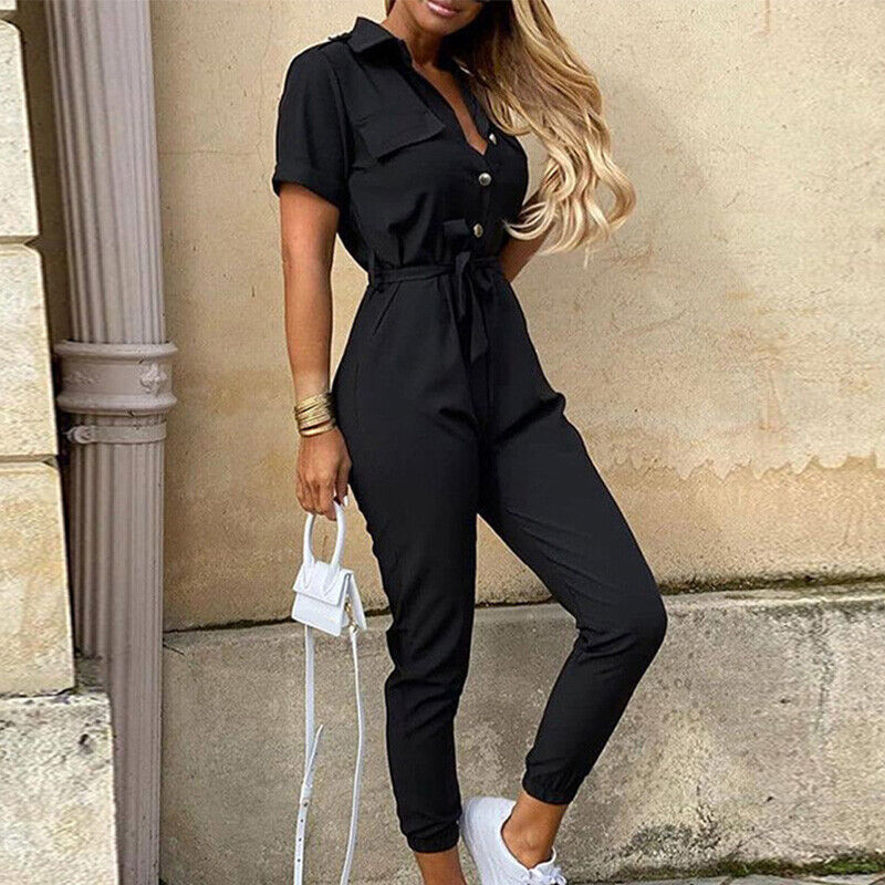 Damen-Kurzarm-Jumpsuit mit Gürtel