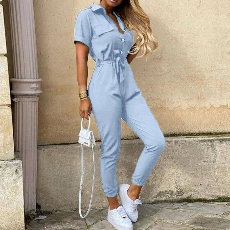 Damen-Kurzarm-Jumpsuit mit Gürtel
