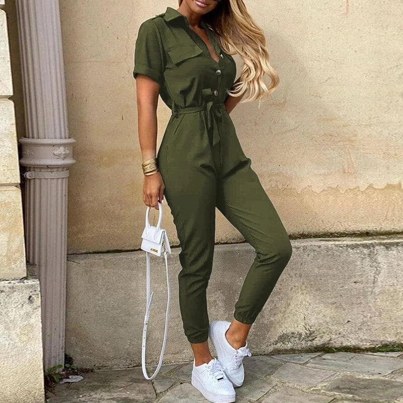 Damen-Kurzarm-Jumpsuit mit Gürtel
