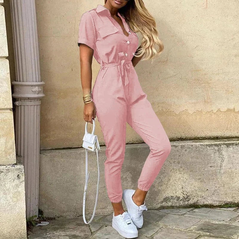 Damen-Kurzarm-Jumpsuit mit Gürtel
