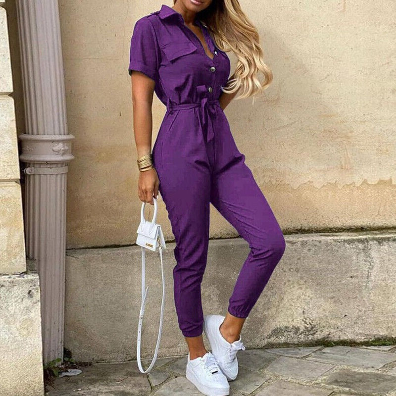 Damen-Kurzarm-Jumpsuit mit Gürtel