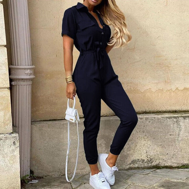 Damen-Kurzarm-Jumpsuit mit Gürtel
