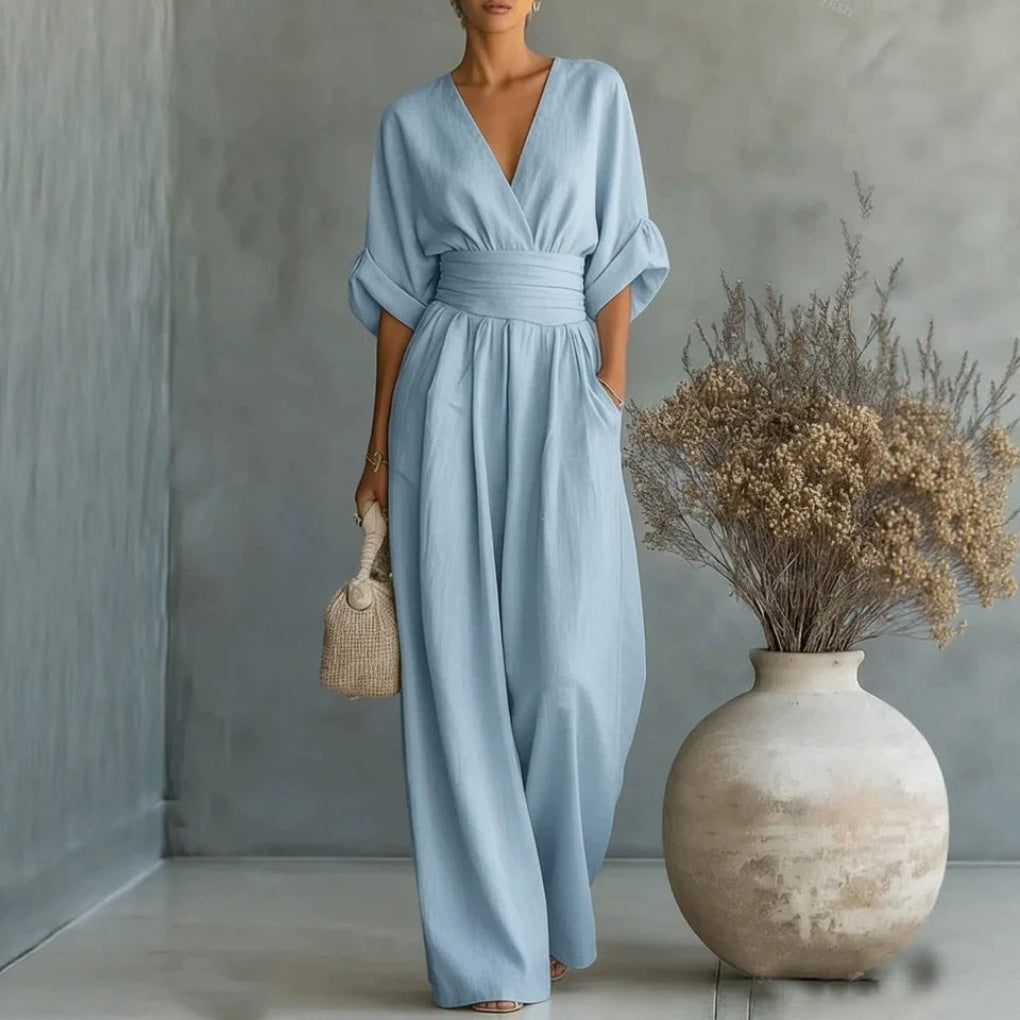 Damen-Jumpsuit mit kurzen Ärmeln, V-Ausschnitt und weitem Bein