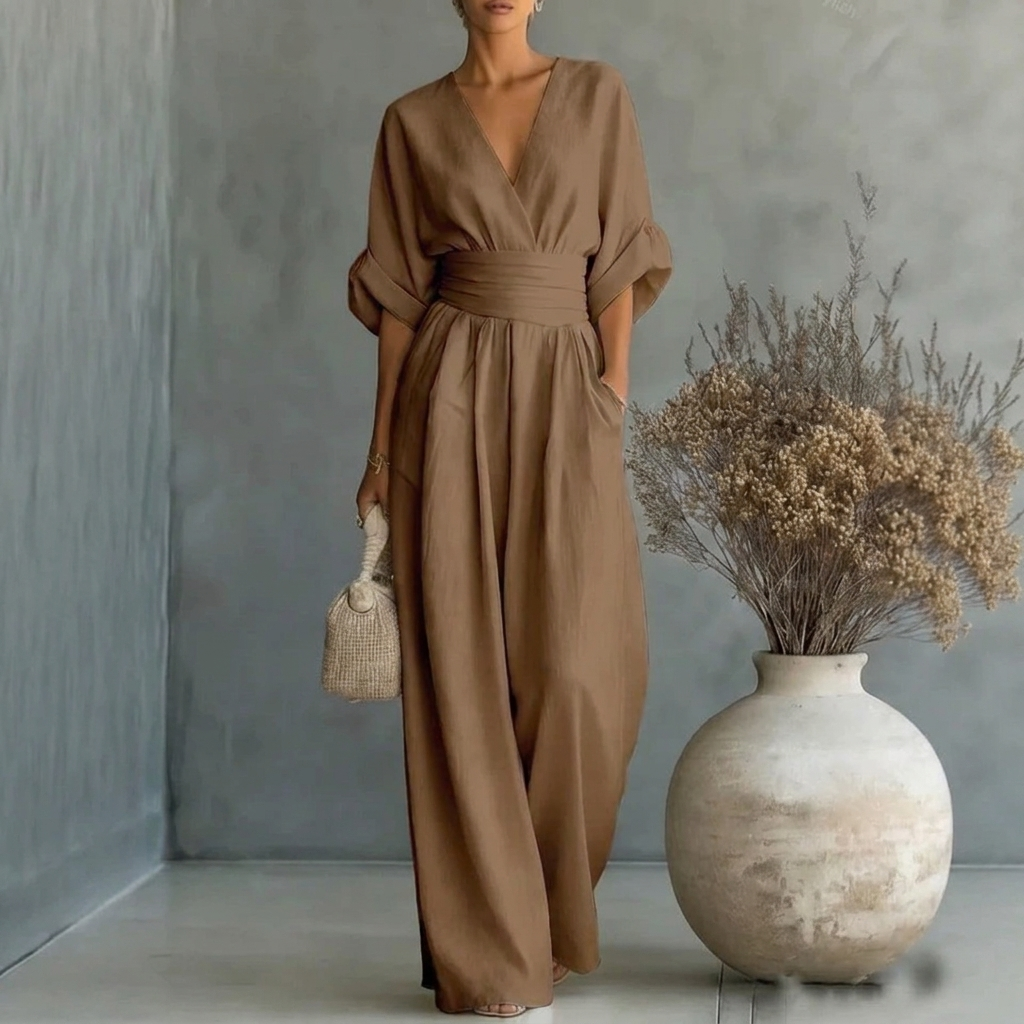 Damen-Jumpsuit mit kurzen Ärmeln, V-Ausschnitt und weitem Bein