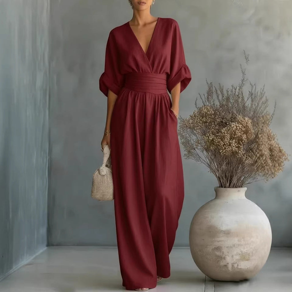 Damen-Jumpsuit mit kurzen Ärmeln, V-Ausschnitt und weitem Bein