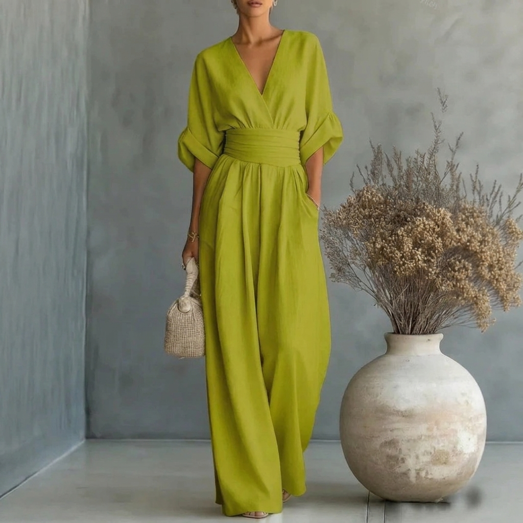 Damen-Jumpsuit mit kurzen Ärmeln, V-Ausschnitt und weitem Bein