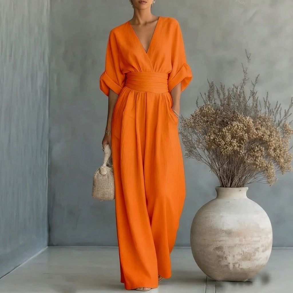 Damen-Jumpsuit mit kurzen Ärmeln, V-Ausschnitt und weitem Bein