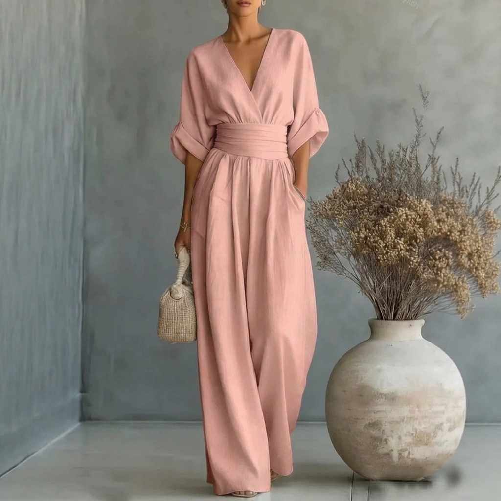 Damen-Jumpsuit mit kurzen Ärmeln, V-Ausschnitt und weitem Bein