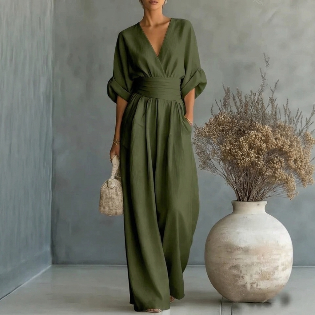 Damen-Jumpsuit mit kurzen Ärmeln, V-Ausschnitt und weitem Bein