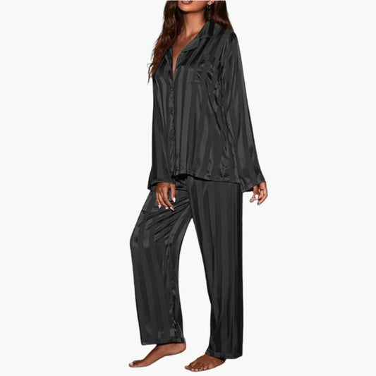 Damen Satin-Pyjama-Set mit geknöpftem Oberteil und Streifenmuster