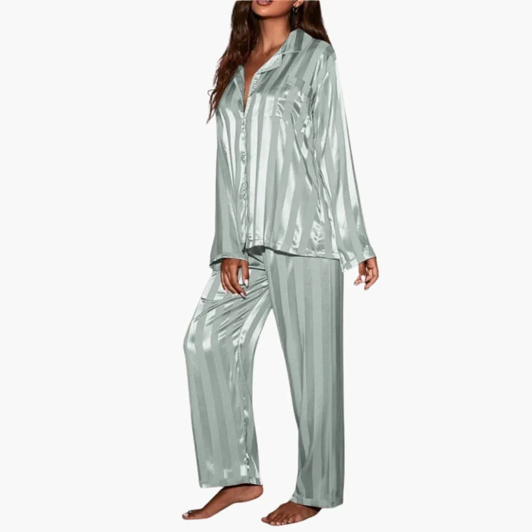 Damen Satin-Pyjama-Set mit geknöpftem Oberteil und Streifenmuster